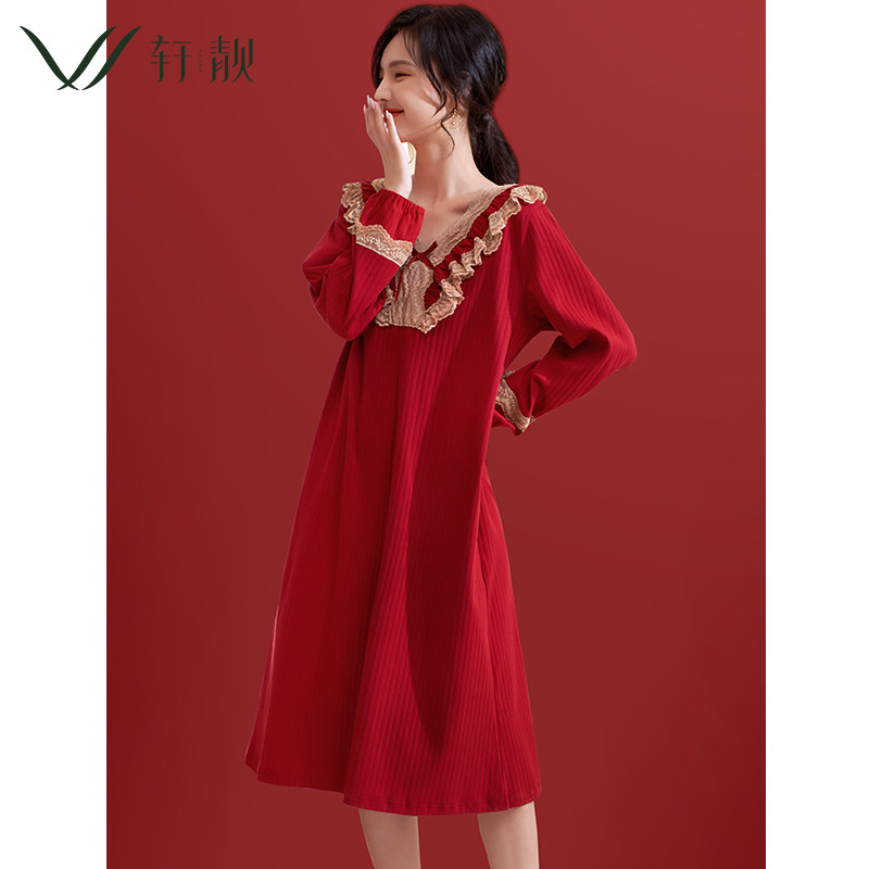 红色本命年睡裙女春秋季纯棉长袖2024新款睡衣家居服秋天新娘裙子