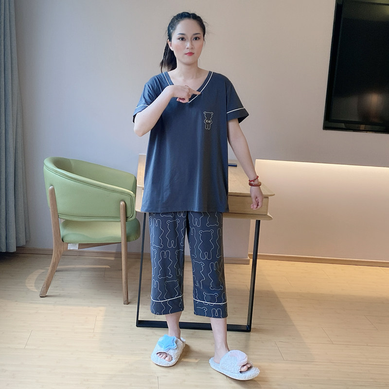 凉感型睡衣女夏天纯棉短袖七分裤薄款卡通印花V领家居服套装宽松