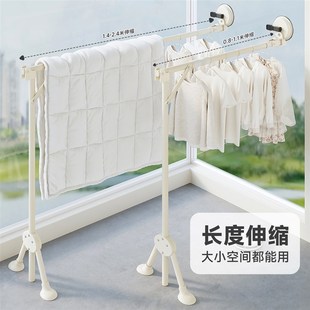 吸盘折叠晾衣架室内阳台伸缩玻璃晒衣杆一根可移动晒W被子神器挂