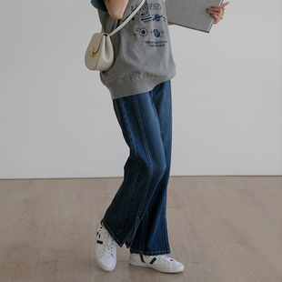 大码 女腿粗显瘦2021秋季 胖妹妹mm高腰直筒阔腿拖地裤 子 开衩牛仔裤