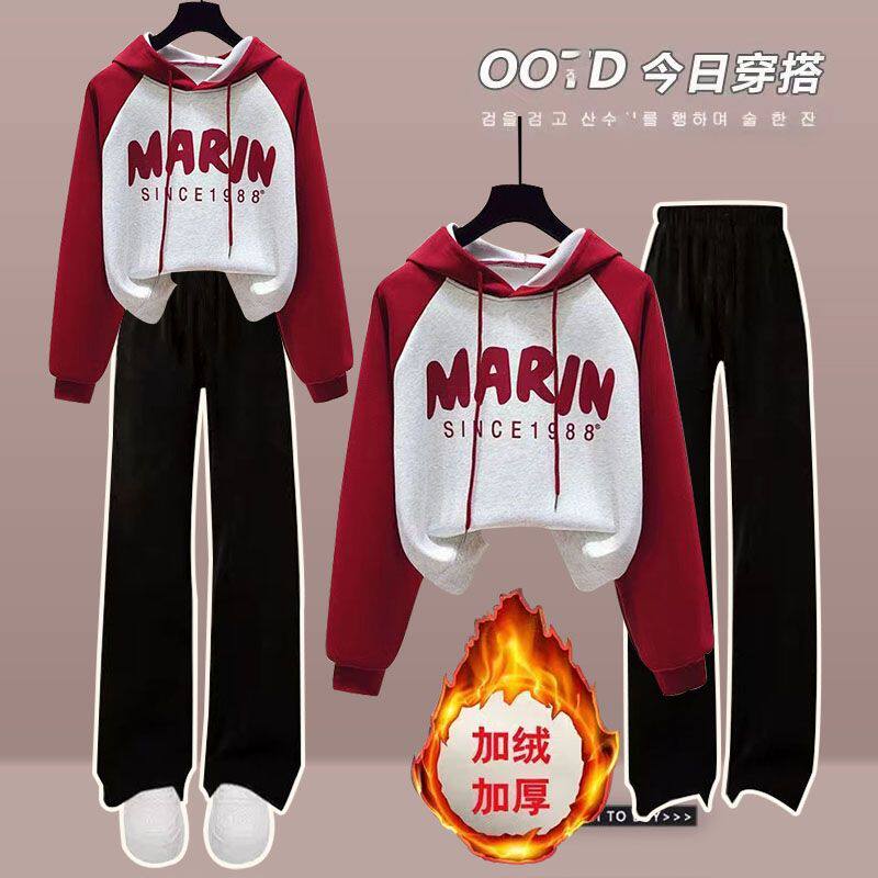 红色连帽卫衣一整套女装新款冬季宽松拼色学生加绒加厚上衣套装潮
