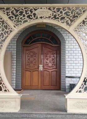 实木月洞门定制 客厅背景墙玄关隔断月亮门订Q制 仿古中式落地罩