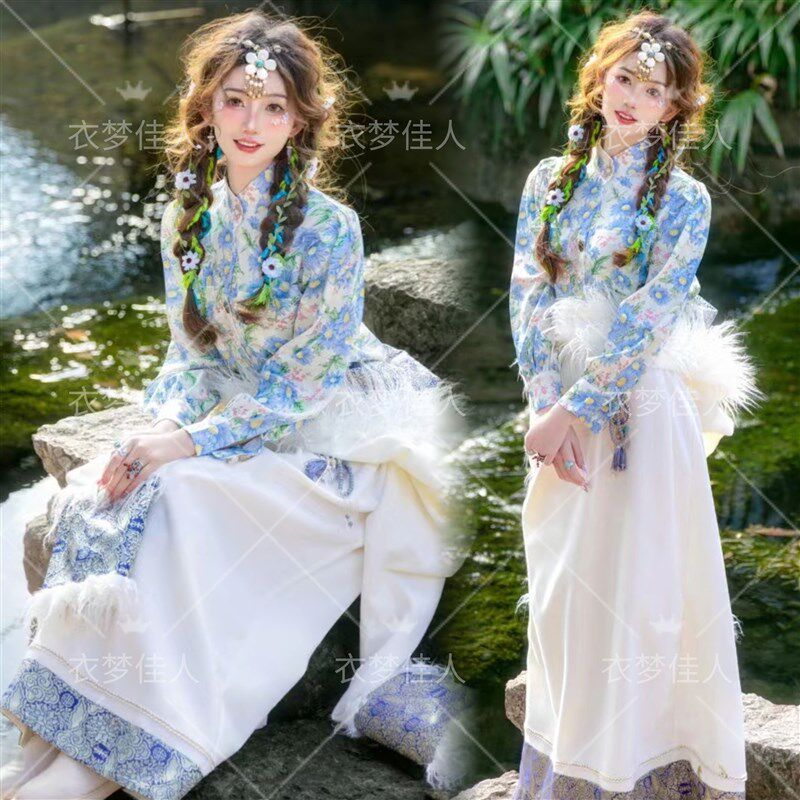 新款夏季白色藏式女藏袍服装云南丽江西藏旅拍民族风拍照写真服装