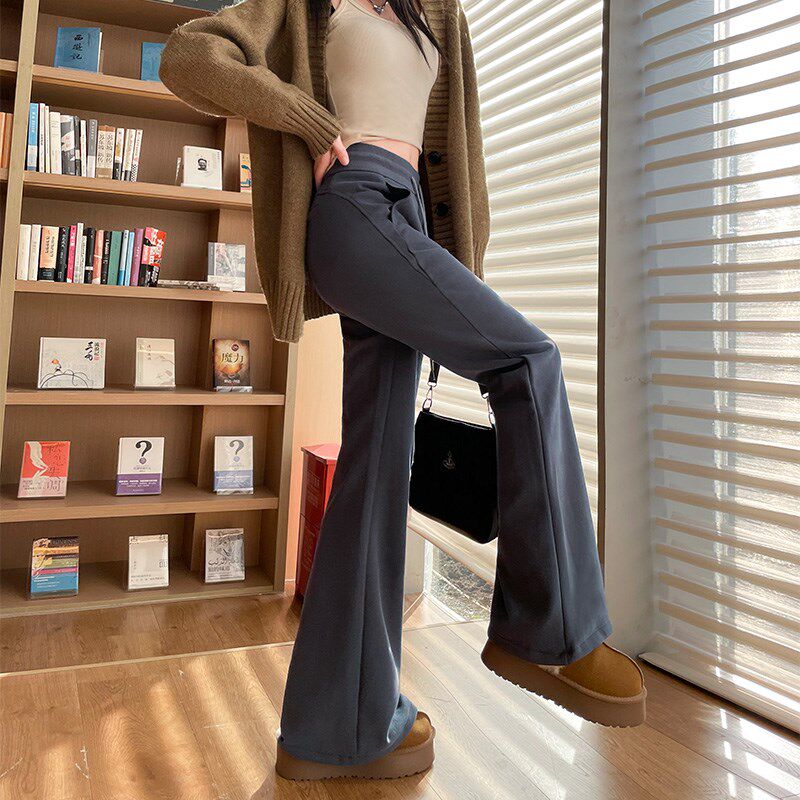 灰色美式加绒高腰垂感喇叭裤女秋冬显瘦剪裁婴儿绒加厚瑜伽运动裤