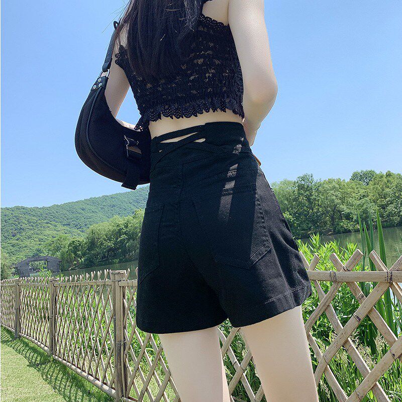 超高腰黑色牛仔短裤女冬季春秋2024年新款宽松小个子显瘦a字热裤