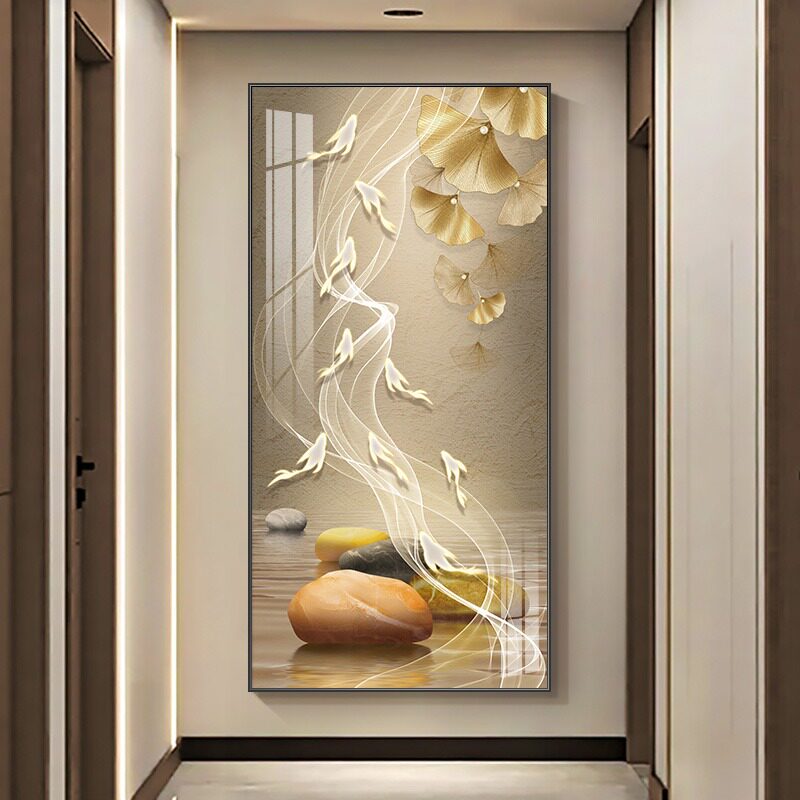现代轻奢入户玄关装饰画寓意好走廊过道挂画竖版墙画大气九鱼壁画