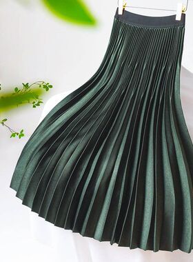 醋酸百褶裙2024女士春秋双压褶流光裙子高腰垂感半身裙中长款伞裙