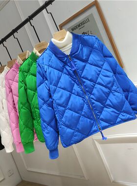 2022秋冬新款轻薄羽绒服女装短款棒球领菱形格小个子时尚外套网红