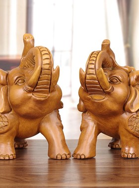 实木雕招财纳福大象摆p件客厅玄关博古架新房摆设公司商铺开业礼