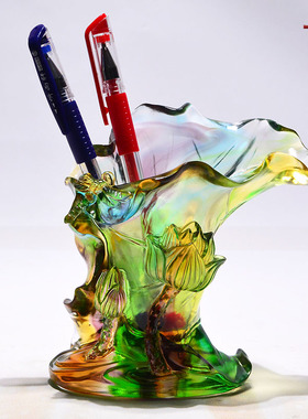 琉璃笔筒精美工艺品中式荷叶花瓶女领导礼物办公室办公桌书架摆件