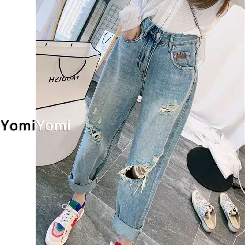 高腰破洞牛仔裤女夏季薄款大码胖mm梨形身材宽松显瘦哈伦九分裤子