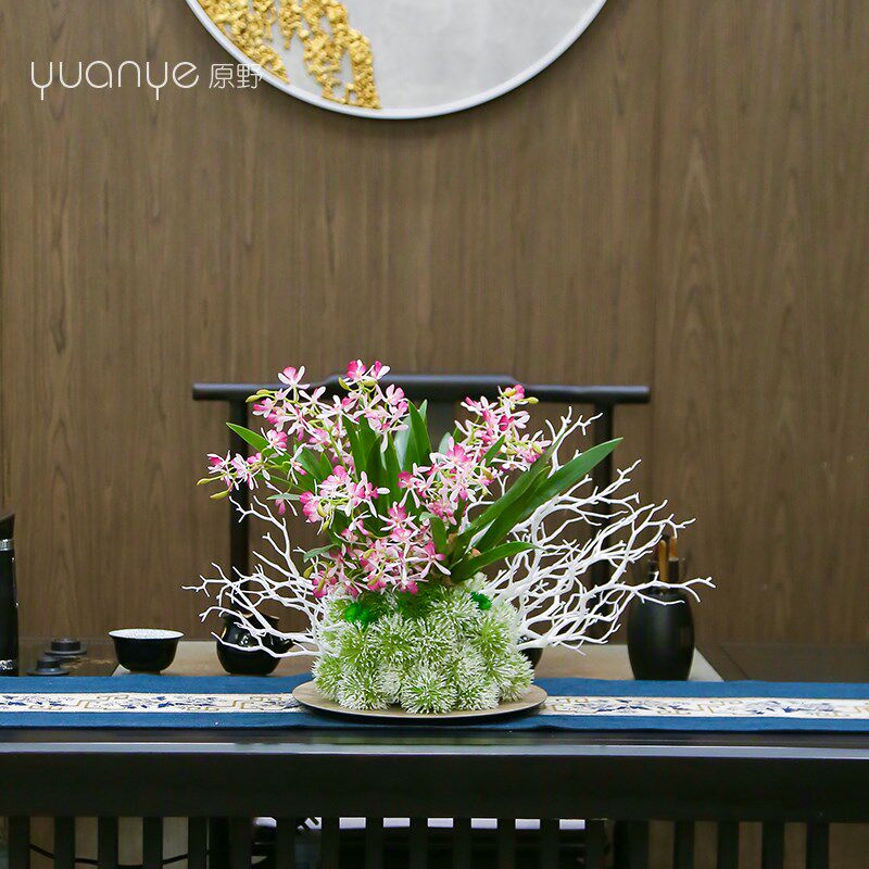 新中式餐桌摆花酒店餐厅餐台花茶几柜台桌面摆P件假花客厅玄关装