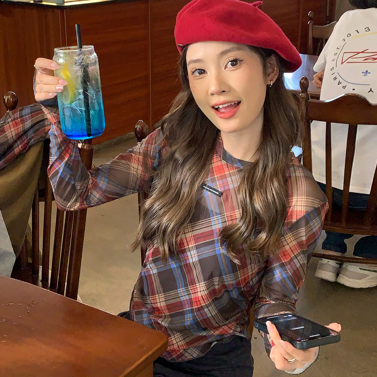 复古格纹长袖网纱薄款打底衫女夏修身显瘦百搭设计感气质上衣