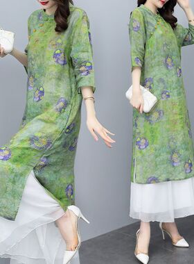 2024夏女宽松新中式妈妈装两件套印花上衣雪纺裙裤阔腿裤时尚套装