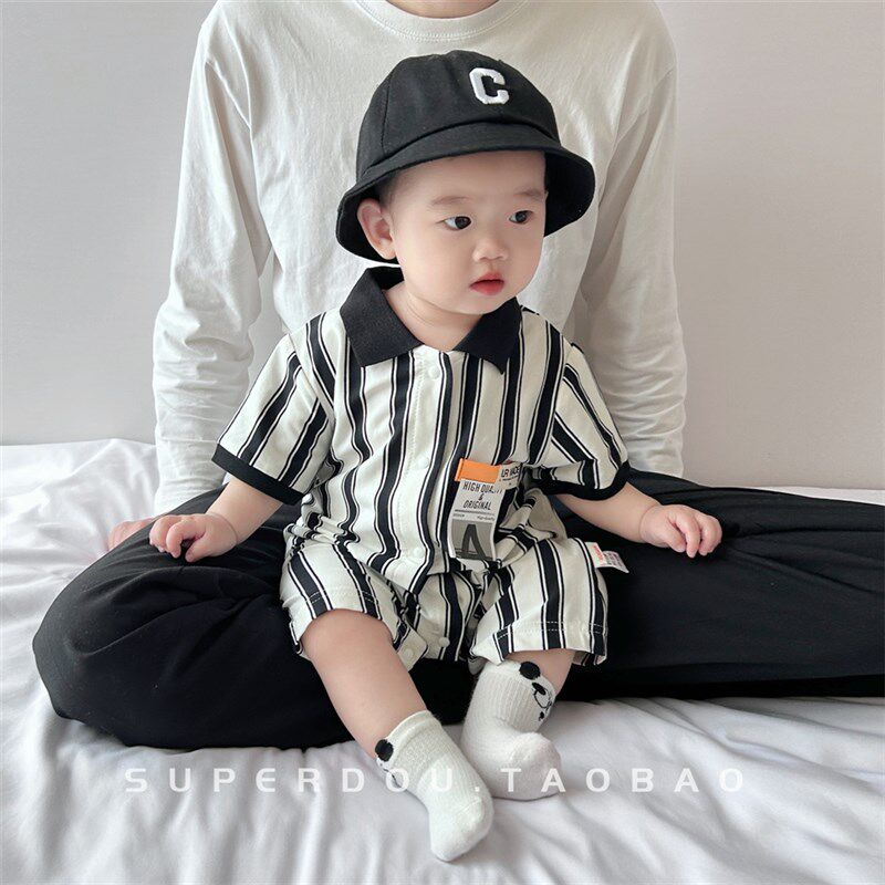 婴儿夏季连体衣男宝宝夏装洋气时髦工装风爬N服婴幼儿满月百天包