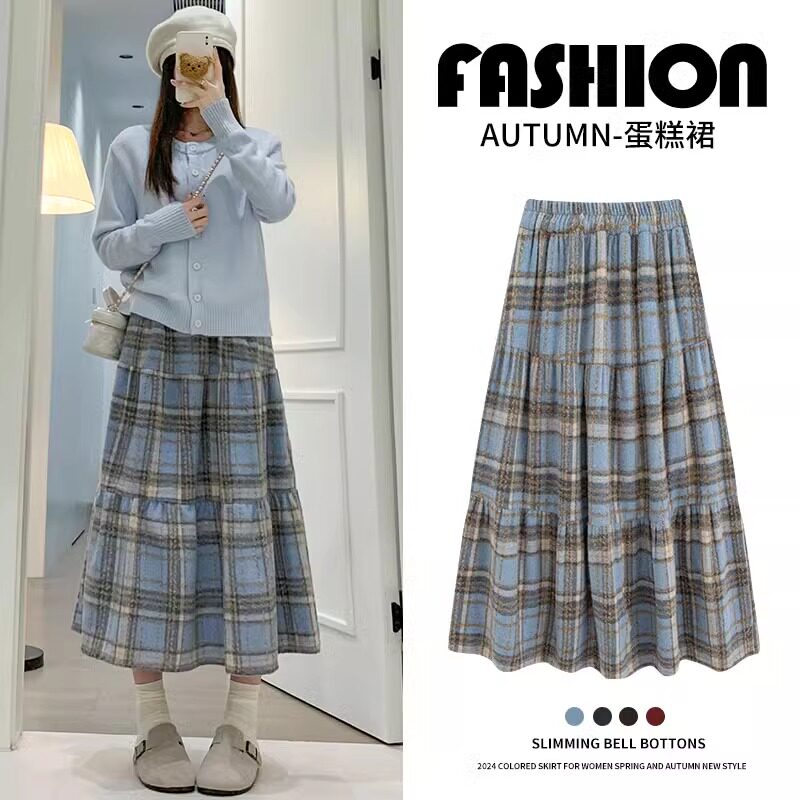蓝色毛呢格子半身裙女2024秋冬新款高腰显瘦A字中长款蓬蓬蛋糕裙