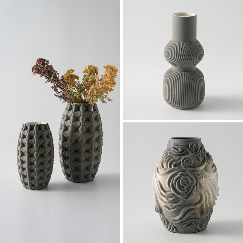 现代简约3D打印陶瓷高级灰浮雕玫瑰花纹几何花瓶家居客厅花器摆件