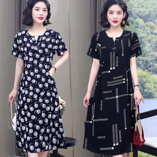 中长款 妈妈装 显瘦中老年女装 棉绸连衣裙大码 碎花过膝绵绸裙子 夏装