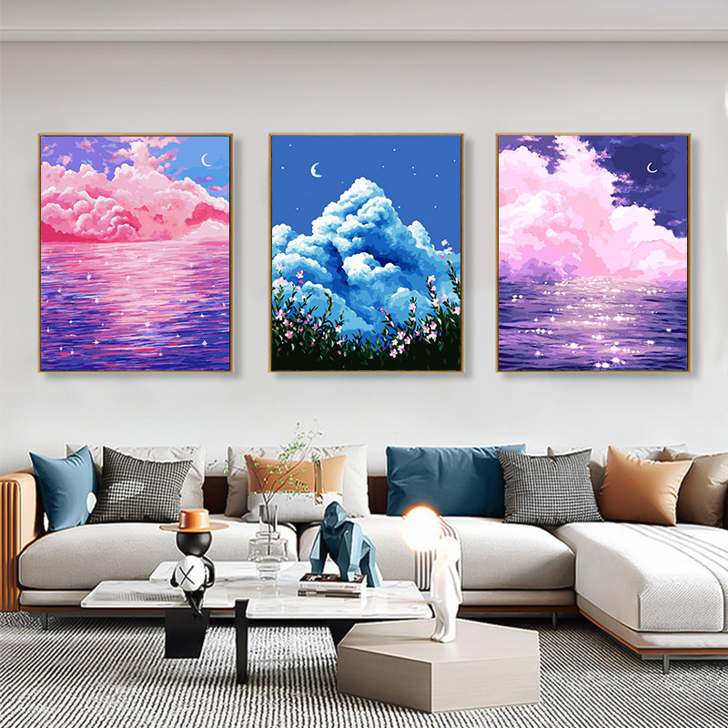 数字油画diy填色画风景客厅沙发三联三拼手工绘填充油彩画装饰画