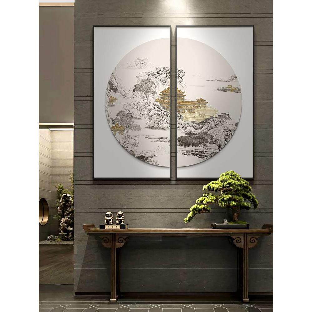 新中式入户玄关挂画客厅两联组合装饰画轻奢高级感餐厅背景墙壁画