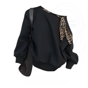 大码胖mm美式复古豹纹系带斜肩长袖卫衣女秋季2024新款显瘦上衣潮