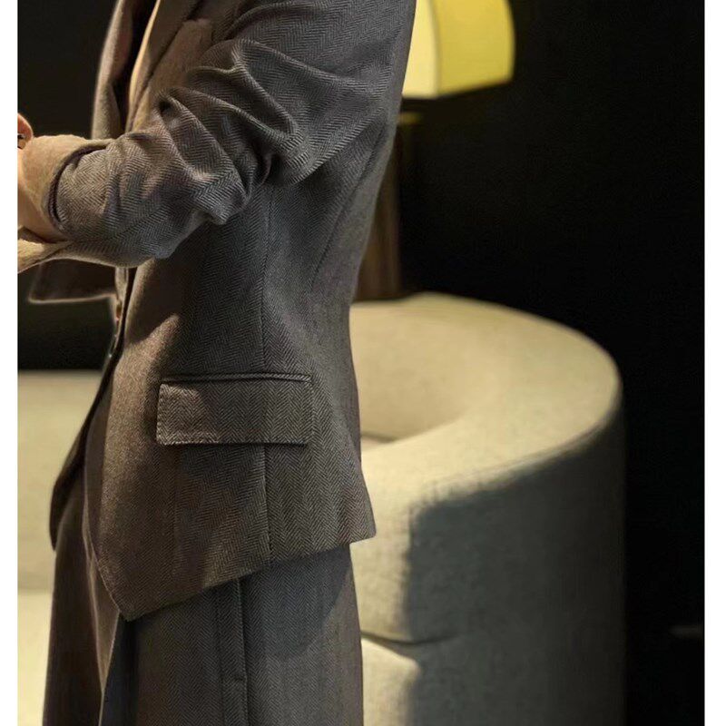 高端轻奢时尚气质套装女秋冬人字纹设计感修身西装阔腿长裤两件套