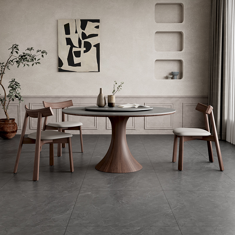 北欧实木餐桌圆形带转盘简约进C口橡木侘寂风意式哑光岩板圆桌