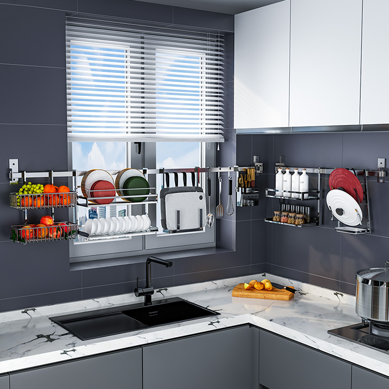 厨房窗户挂杆免打孔壁挂304不A锈钢置物架多功能窗台收纳挂架单件