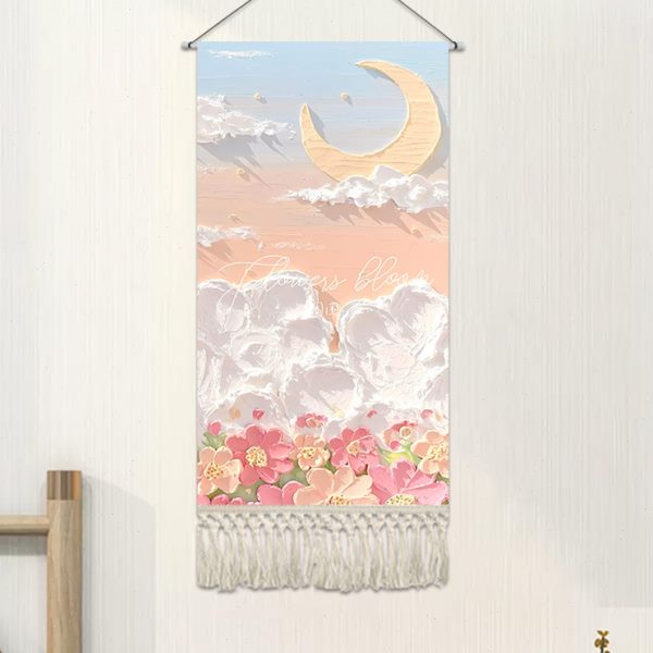 北欧简约油画装饰布画定制流苏挂画布艺客厅背景墙布挂布玄关挂毯图片