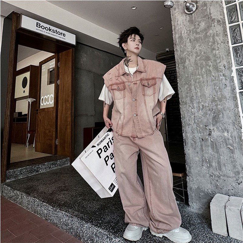 2025新款f粉色套装男水洗磨破垫肩无袖牛仔马甲夏季美式时尚阔腿