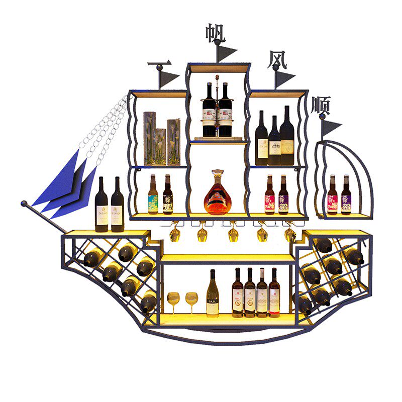 酒吧烧烤铁艺壁挂装饰发光网红帆船地图红酒啤酒R置物展示酒架书