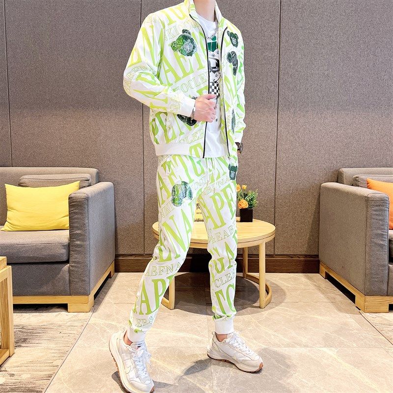 男士休闲套装秋季新款韩版t印花潮流开衫两件套男帅气时尚搭配运