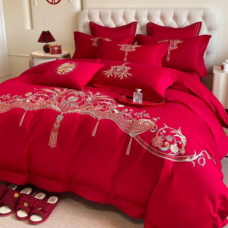 中式龙凤刺绣婚庆四件套新婚结婚床L单被套大红色床上用品