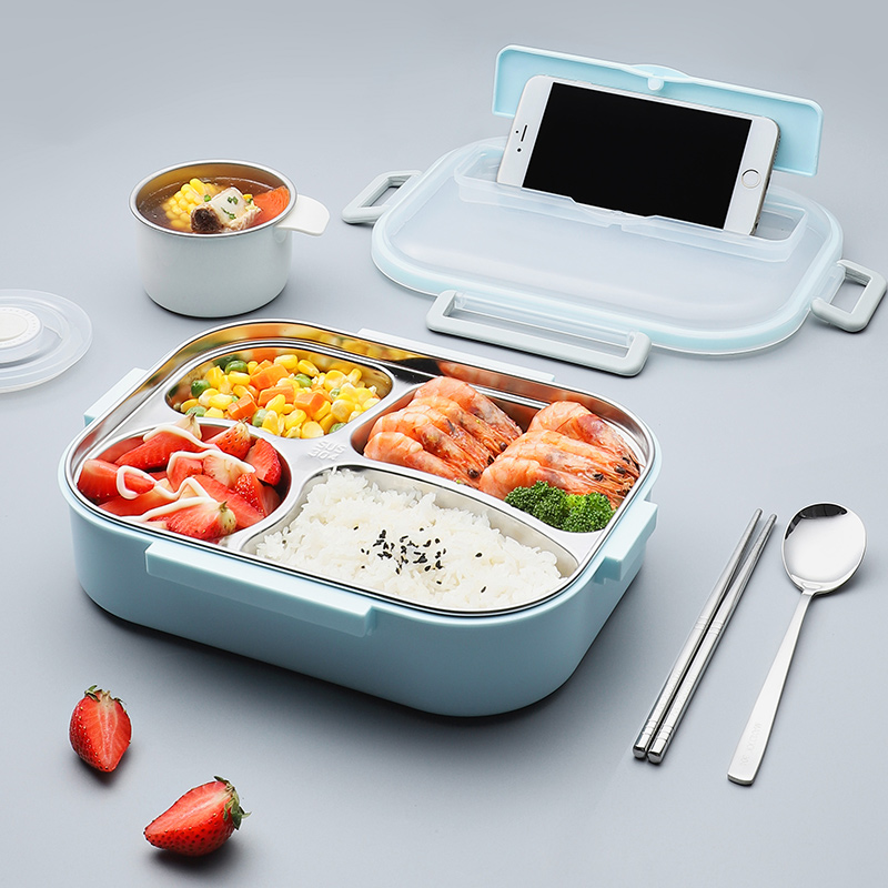 美厨304不锈钢饭盒 加大t加深4格学生饭盒餐盘1.6L蓝色F8789