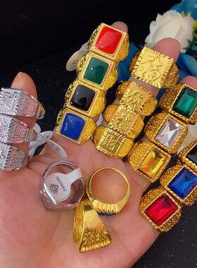 爆款夸张土豪金节日角色装扮假金戒指道具L仿宝石润滴油男女款指