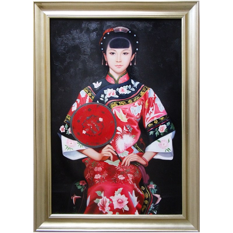 手绘油画陈逸飞艺术装饰画古典美女拿扇现代中式玄关壁画人物挂画