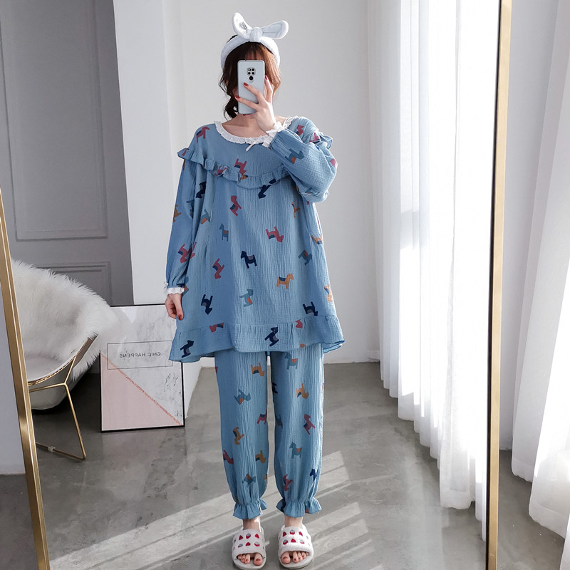 纯棉双层纱布哺乳睡衣女春秋长袖两件套加大码孕妇产后胖MM月子服