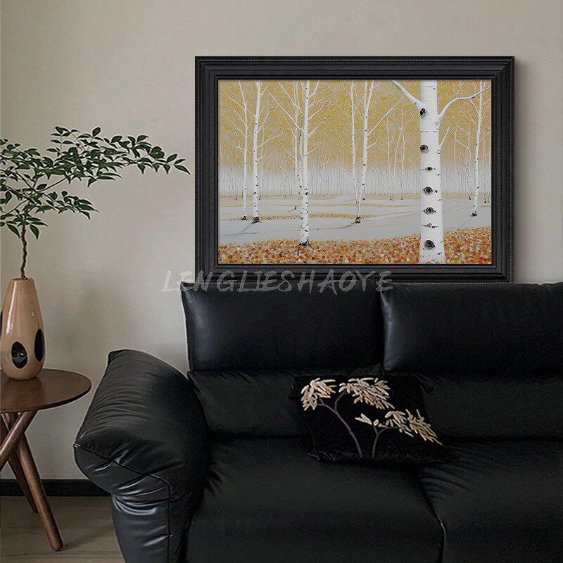 美式轻奢白桦树林客厅卧室装饰品挂画风景玄关侘寂风横板手绘油画
