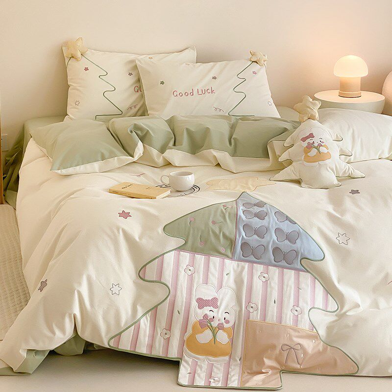 100支全棉磨毛卡通毛巾绣四件套 秋冬纯棉被套床单床笠式床上用品