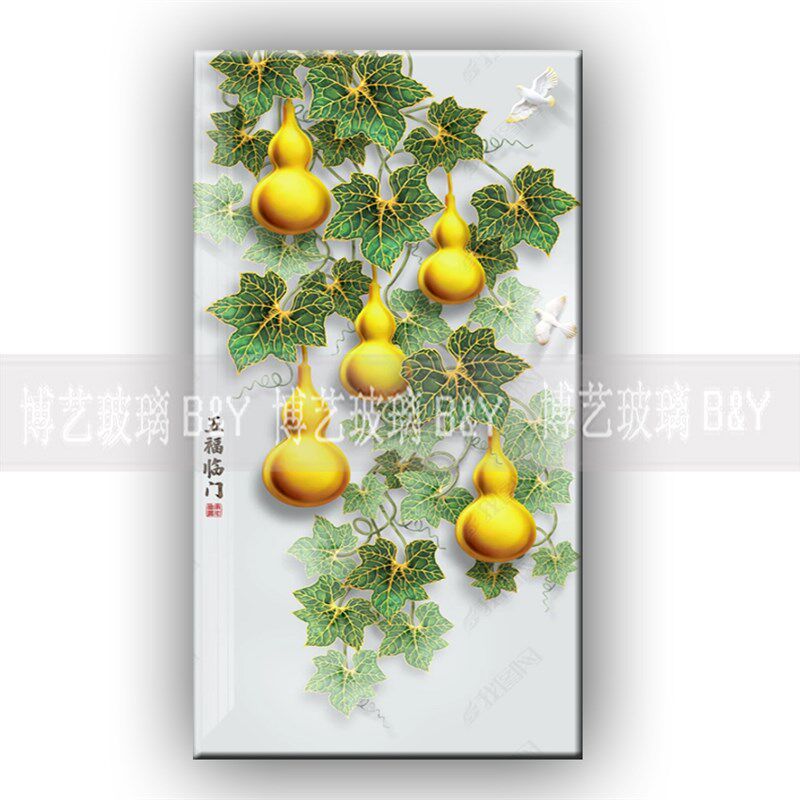 艺术玻璃玄关背景墙过道背景工艺玻璃深雕刻五福T临门隔断屏风干