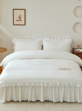 白色床罩床裙式单件防滑荷叶边全棉床单1.I8x2x2.2m床套保护套