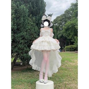 白色Lolita洋装jsk吊带拖尾连衣裙生日成人礼在逃蓬蓬公主裙短款