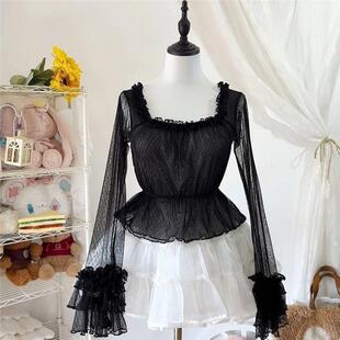 lolita蕾丝花边内搭姬袖 洛丽塔透明网纱一字肩jsk百搭上衣 衬衫