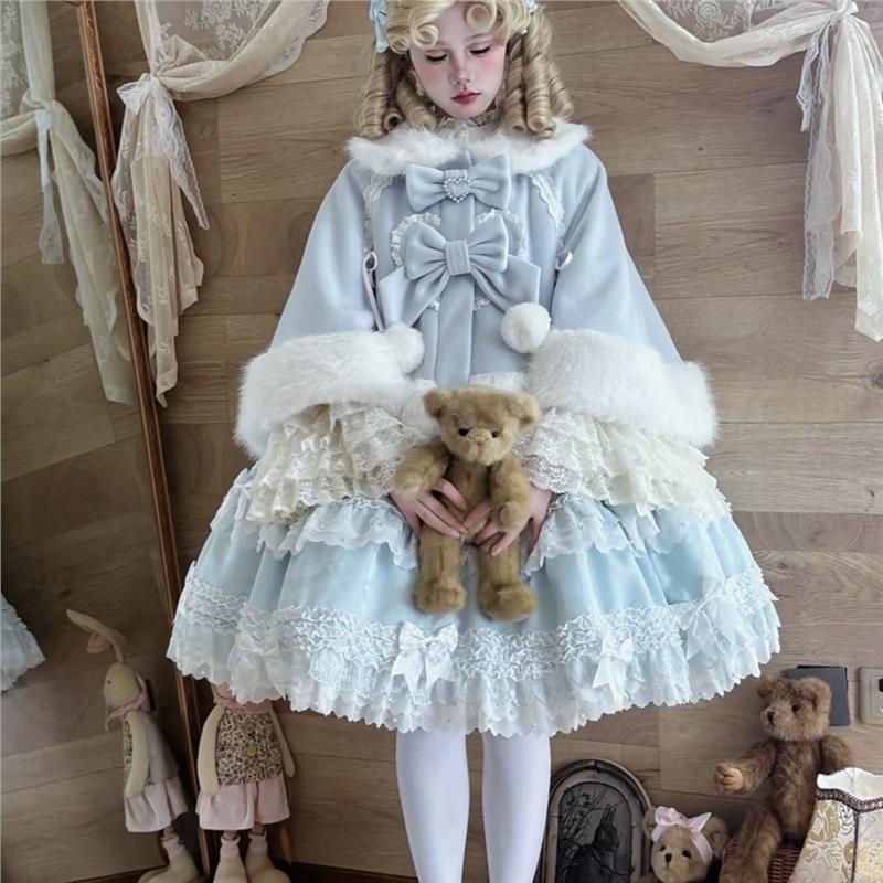 Lolita女萌妹秋冬新款日系甜美洛丽塔斗篷蝴蝶结短款斗篷披肩外套