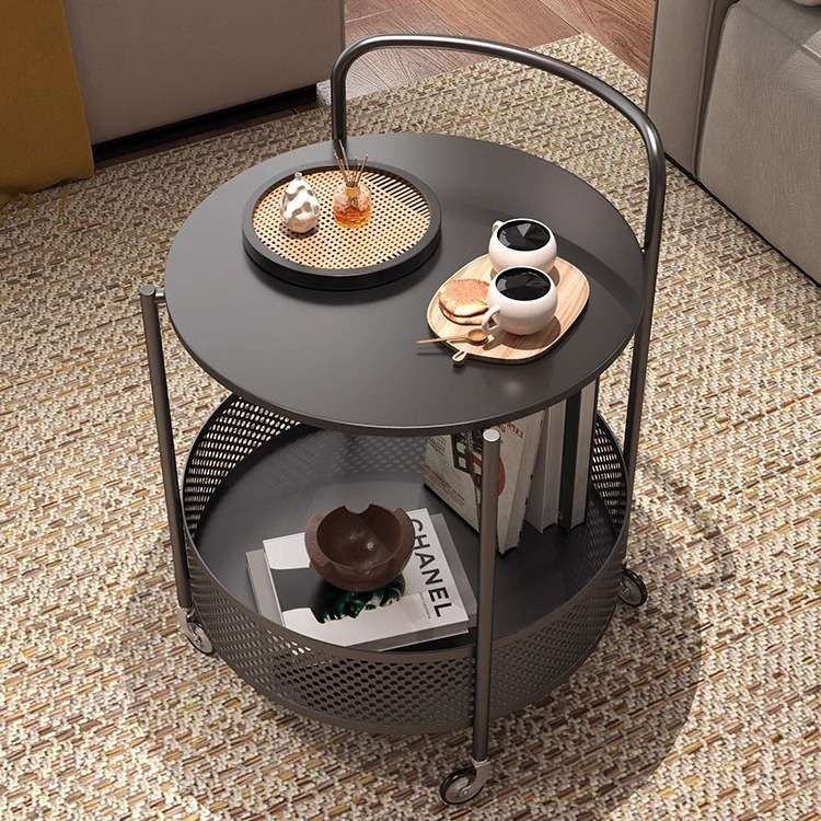 可移动沙发边几边柜客厅圆形岩板小茶几带轮子现代简约小推车角几