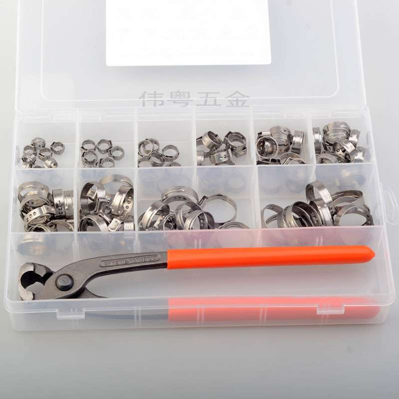 101pcs 304不锈钢单耳无极喉箍卡箍软管夹配一只卡箍钳盒装套装
