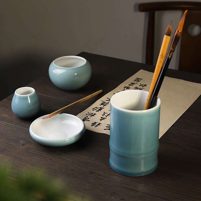 陶瓷笔洗缸墨汁墨碟砚台国画书法水盂毛笔笔筒三件套文房四宝墨池