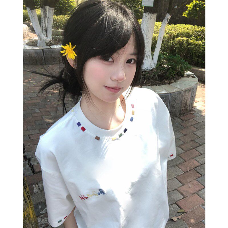 2025新款夏季纯棉美式高街重磅刺绣短袖t恤女宽松设计感半袖上衣