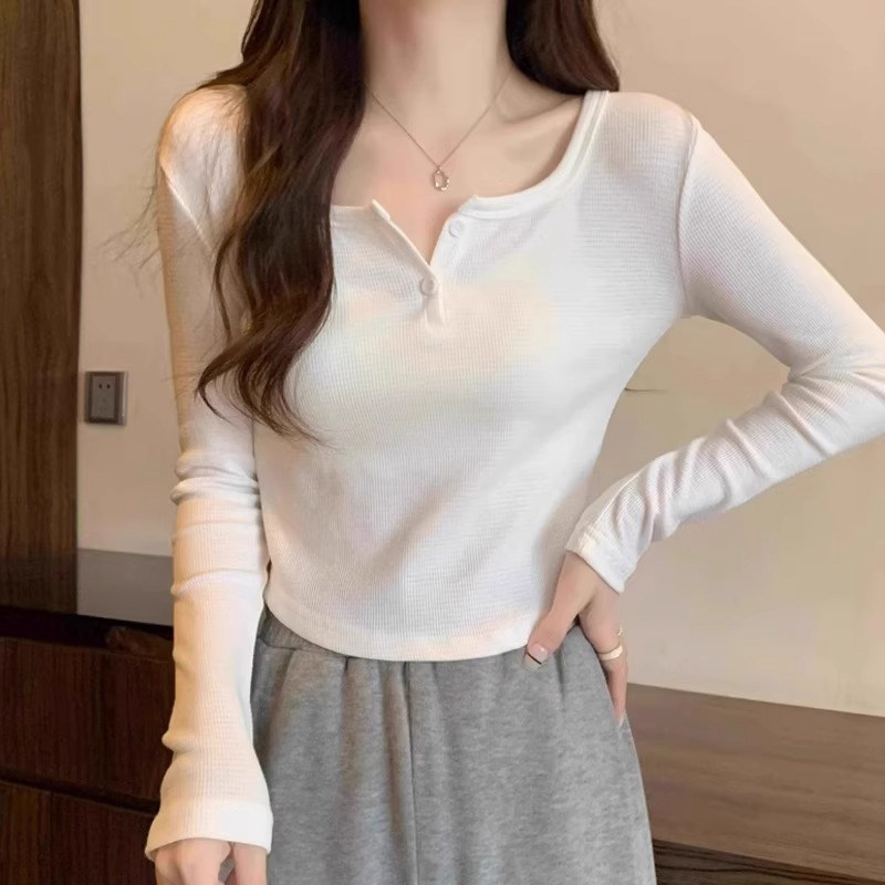 螺纹正肩长袖t恤女早秋季2024新款内搭白色打底衫小个子短款上衣