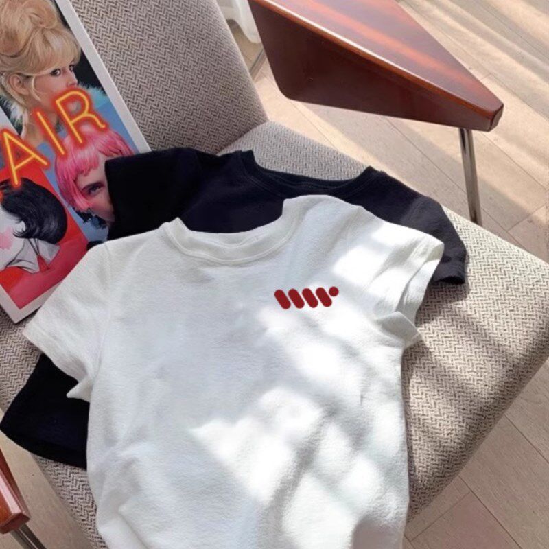 纯棉白色短袖t恤女夏季圆领正肩修身短款打底衫印花上衣小个子